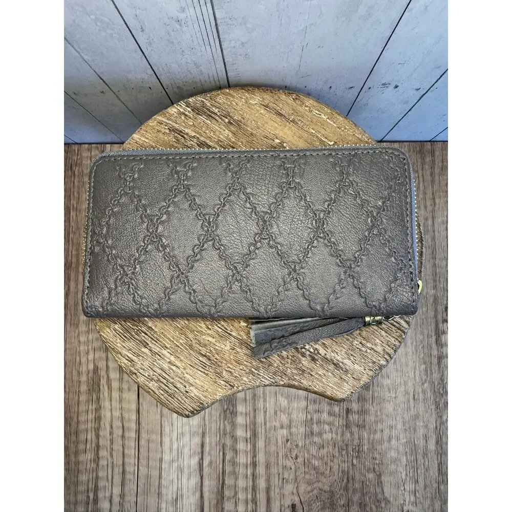 Gray Vegan Leather Wallet Criss Cross Pocket braid Purse Bag Wallet Fast Ship